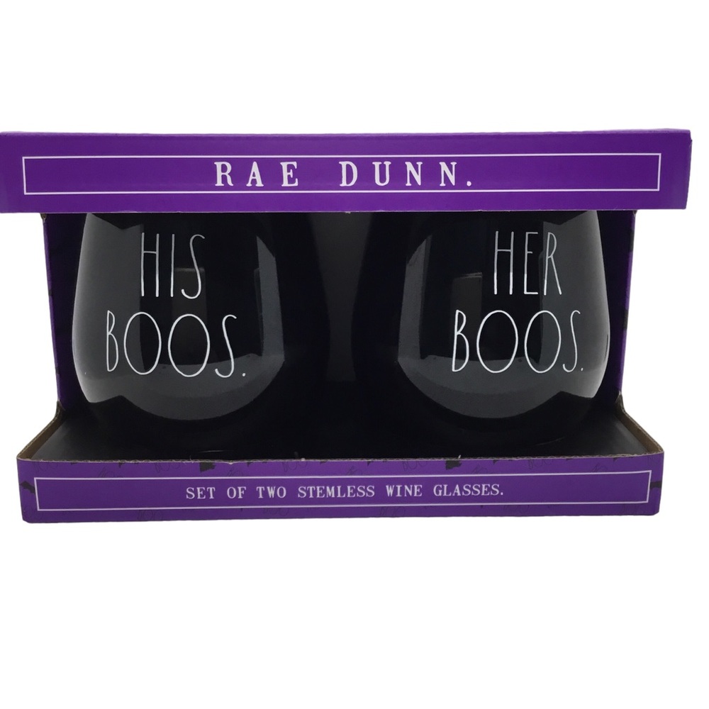 Rae Dunn set of TWO Stemless Wine Glass HIS BOOS and HER BOOS HALLOWEEN NEW